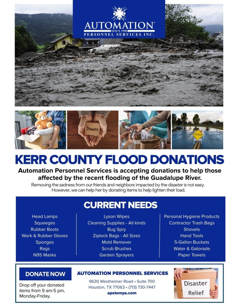 Automation Personnel Services Accepting Donations For Texas Flood Victims